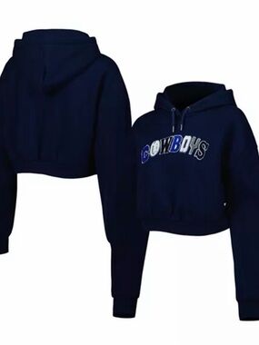 The Wild Collective Dallas Cowboys Navy Cropped Pullover Hoodie Womens Large